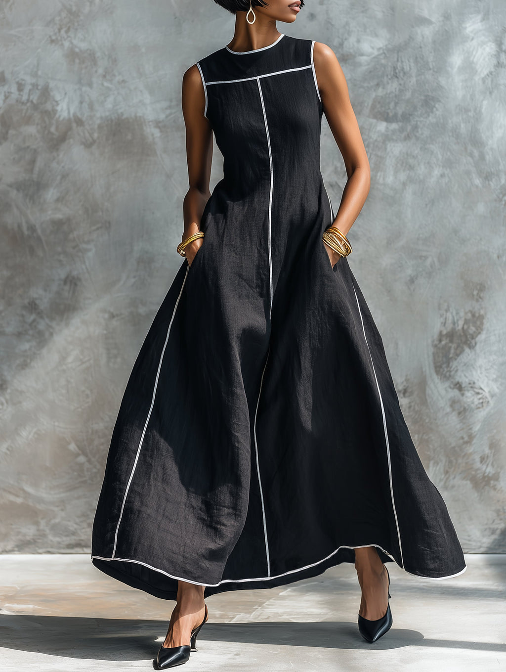 Women's Minimalist Linen-Blend Maxi Dress With Contrast Trim, Round Neck, And Sleeveless Design MDZ1516E0Y