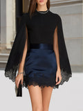 Elegant cape-sleeve top and satin mini skirt set with a lace hem