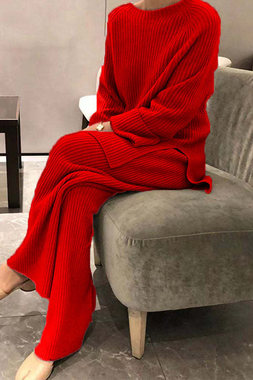 Long-sleeved solid color knitted casual sweater two-piece