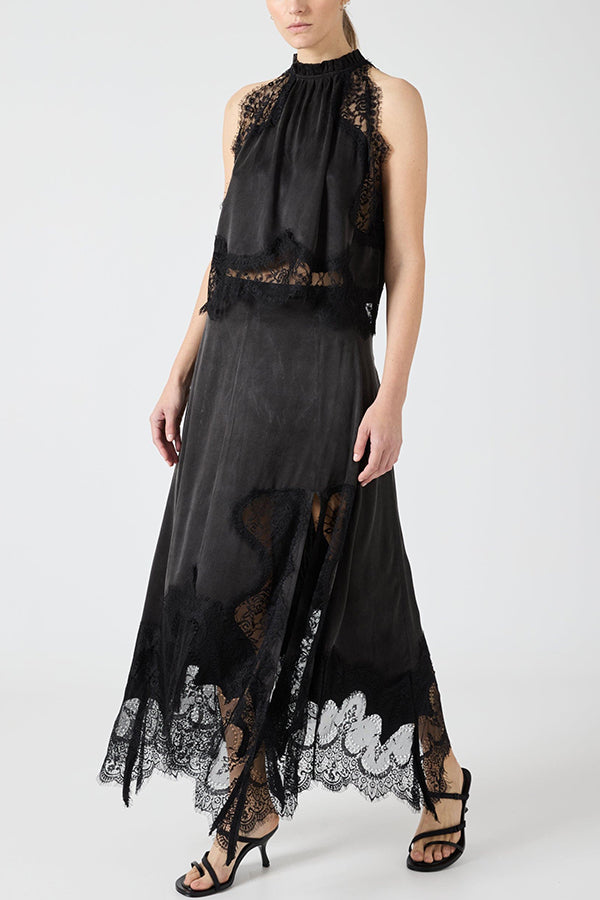 Lace Pleated Collar Top + Irregular Slit Skirt Set