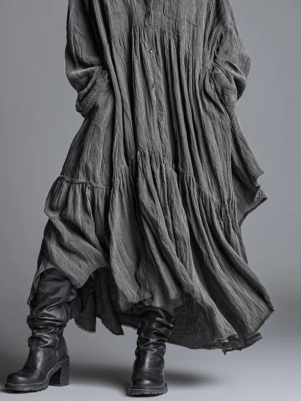 Women's Cotton And Linen Blend Loose Washed Shirt Maxi Dress MDA0486H7Y