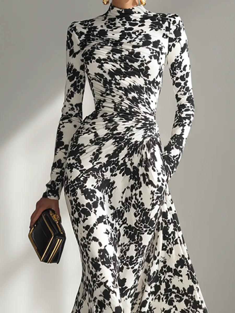 Women's Black And White Patterned Stretch Blend Wrap Dress MDA1295K1AP