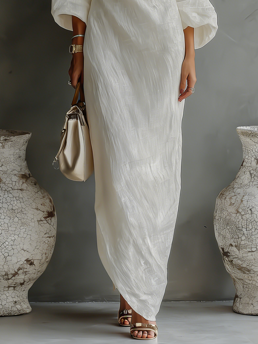 Women's Ivory White Cotton-Linen Blend One-Shoulder Flowing Elegant Dress MDA3032K4T