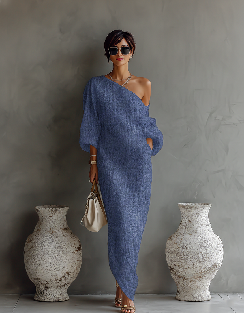 Women's Ivory White Cotton-Linen Blend One-Shoulder Flowing Elegant Dress MDA3032K4T