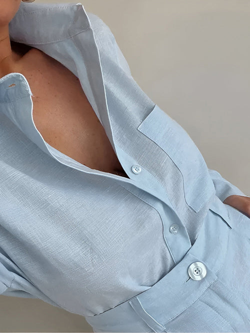 Cotton and Linen Long Sleeve Loose Shorts Set