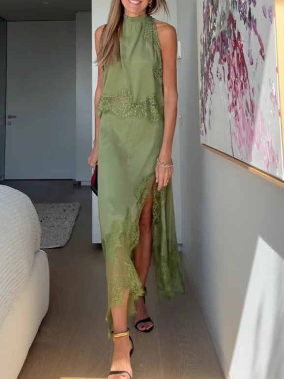 Lace Pleated Collar Top + Irregular Slit Skirt Set
