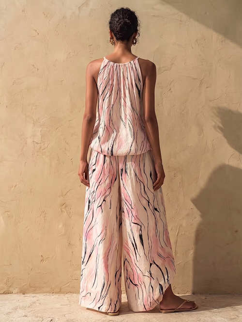 Pink White Gradient Striped Print Camisole And Wide-leg Pants Set