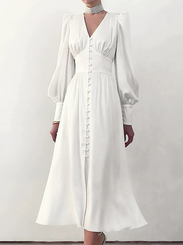 Satin Solid Balloon Sleeve V Neck Midi Dress