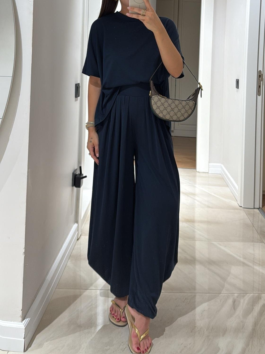 Light Grey Casual Top and Wide-leg Pants Set