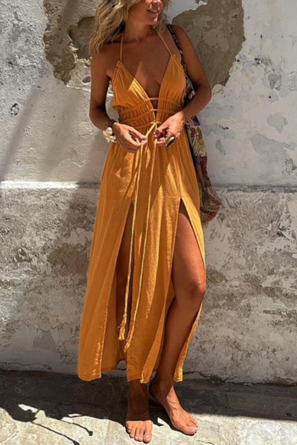 Linen Blend Elastic Waist Halter Backless Pocket Slit Midi Dress