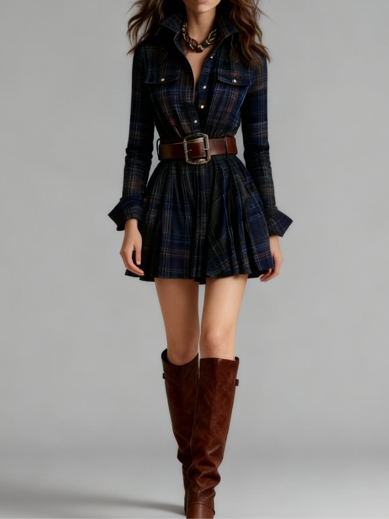 Vintage Lapel Red and Brown Plaid Mini Dress