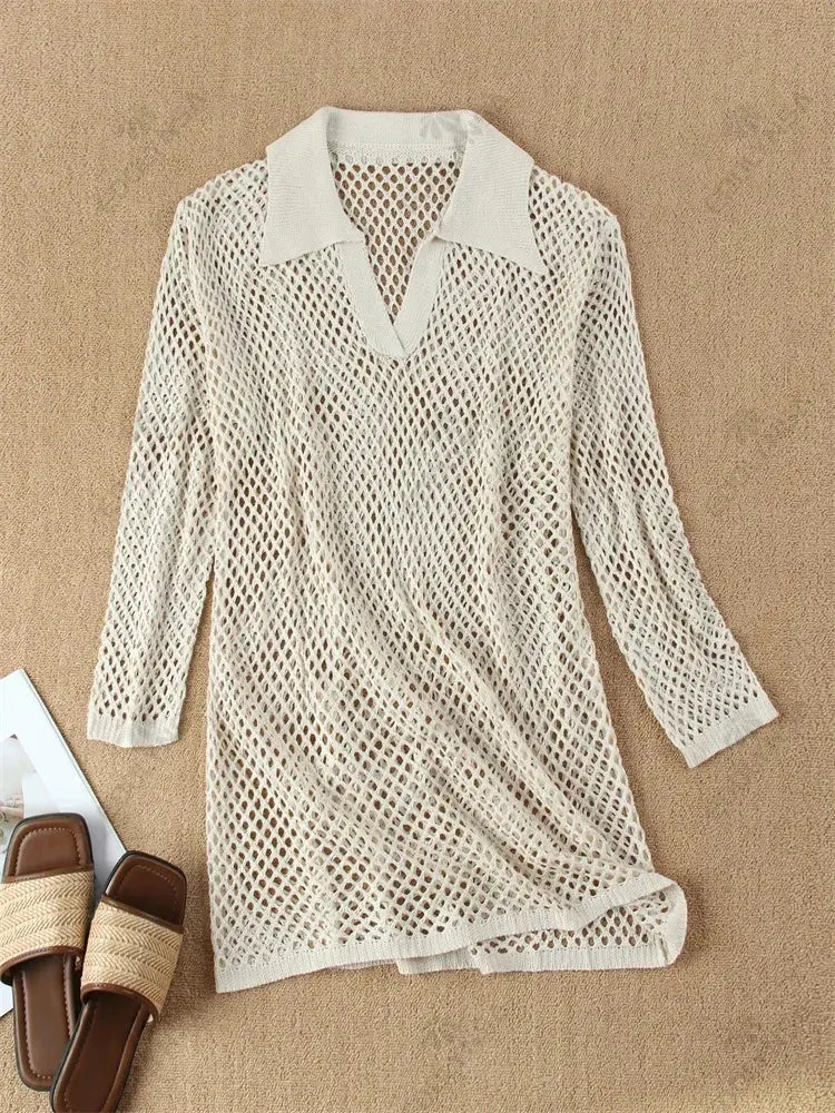 Avina Crochet Beach Shirt Dress Cover-Up – Long Sleeve Summer Holiday Mesh Tunic